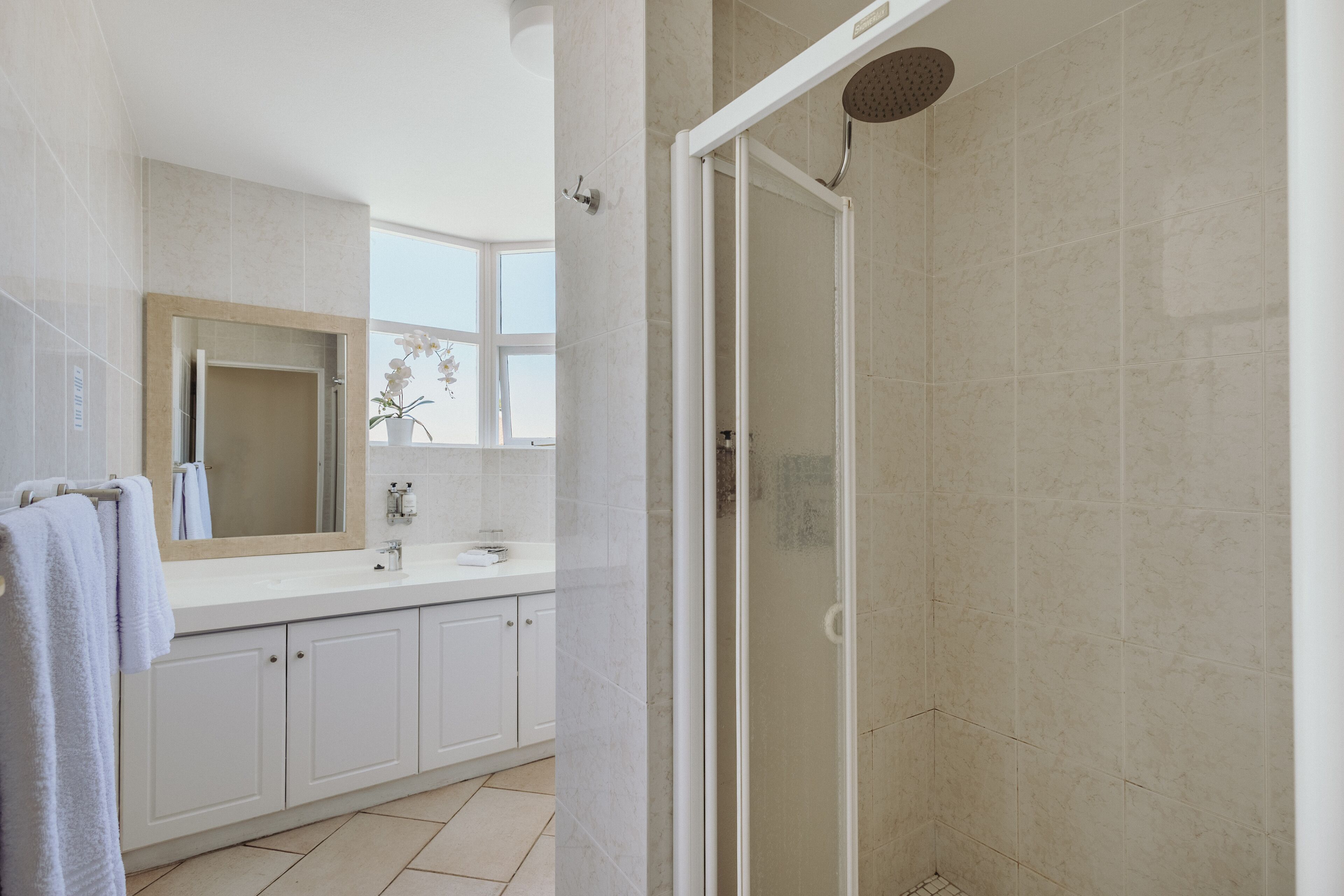 A modern bathroom with a glass-enclosed shower, white cabinets, a large mirror, and a potted orchid.