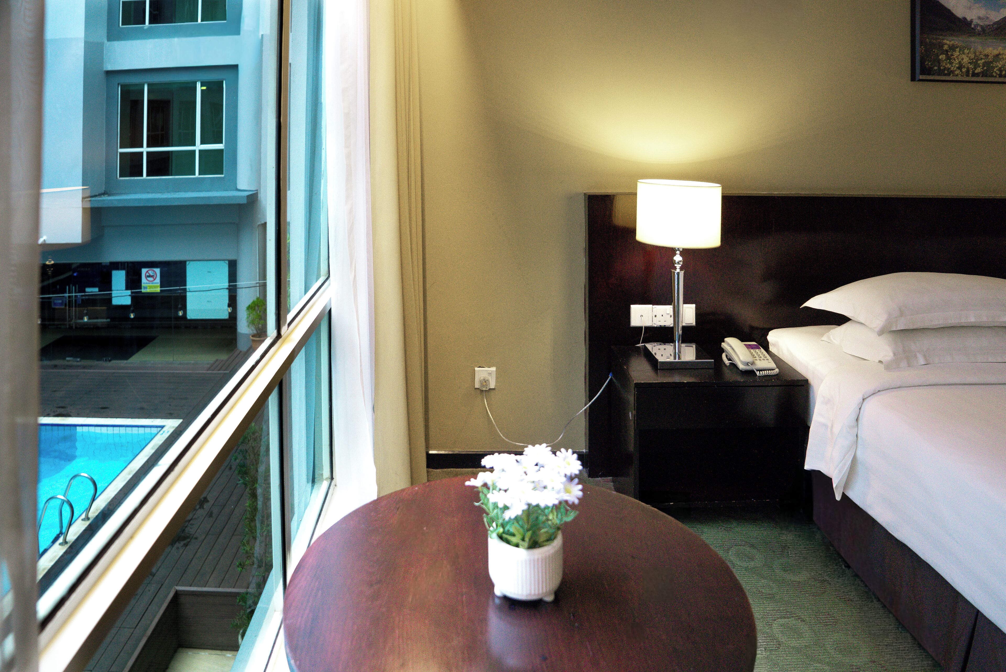 Habitación de hotel con cama, mesita de noche con lámpara, una planta pequeña en maceta y ventana con vistas a una piscina.