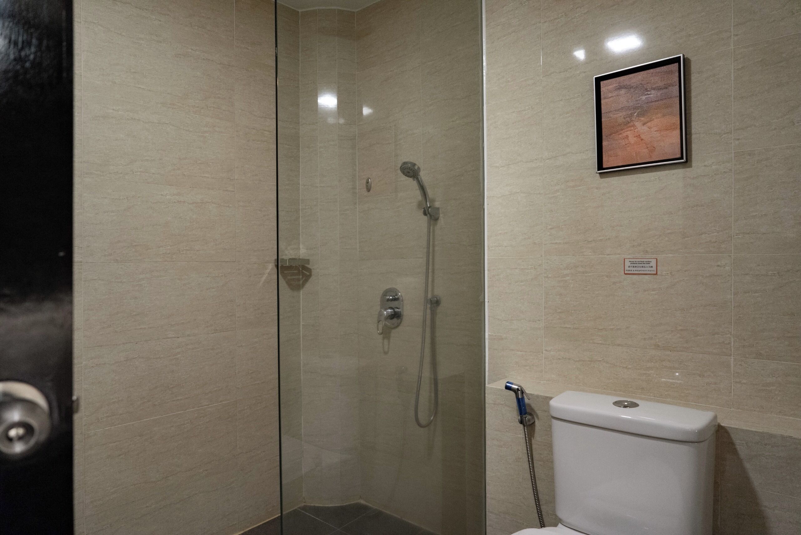 Un espace douche clos par des parois de verre, avec des toilettes et un tableau encadré au mur.