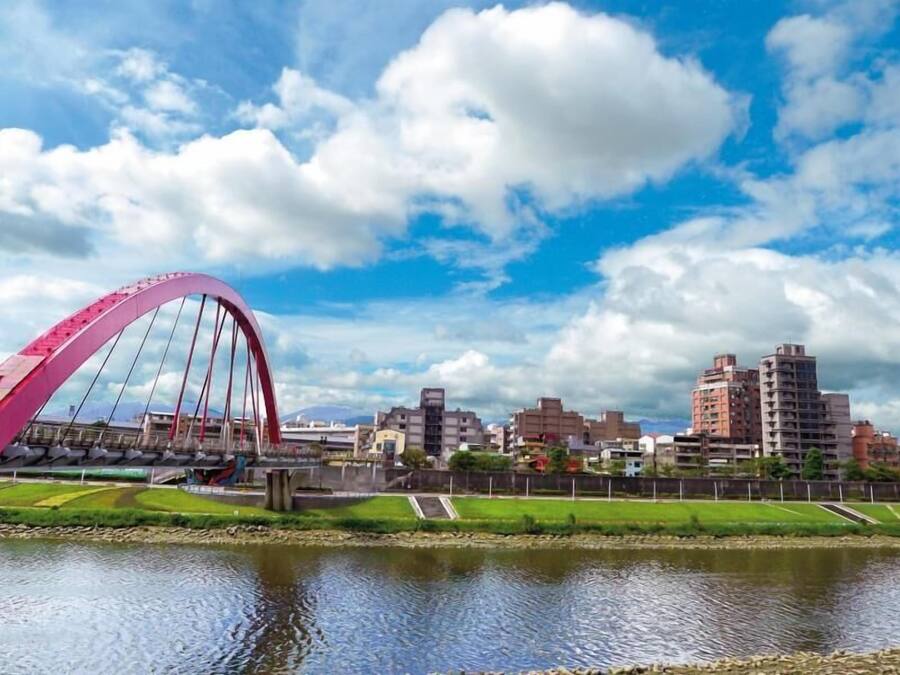 Uma ponte rosa sobre a água, com paisagem urbana ao fundo.