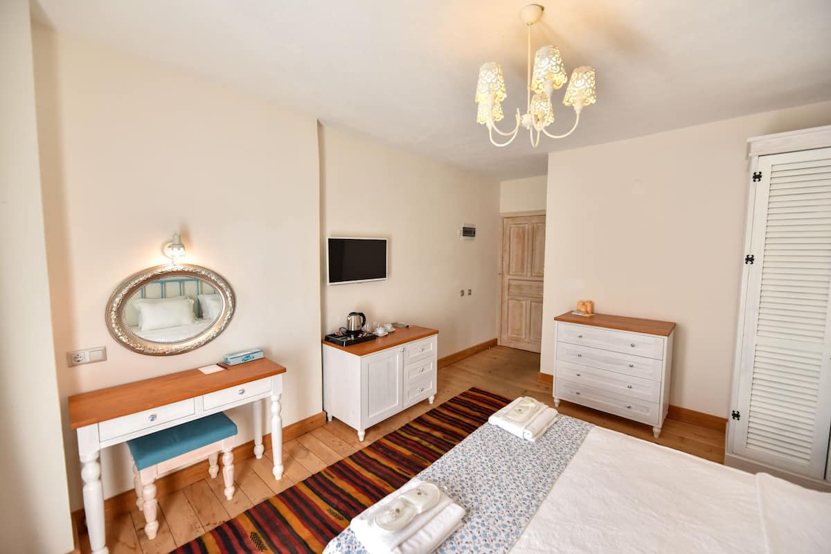 A hotel room with a wooden desk, a mirror, a television, a wardrobe, and a bed with towels.
