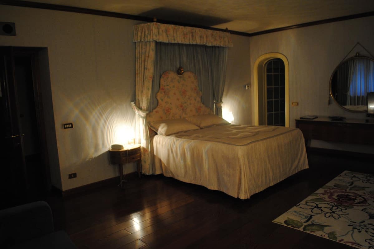 A bedroom with a canopy bed, a bedside table, a mirror, and a floral rug.