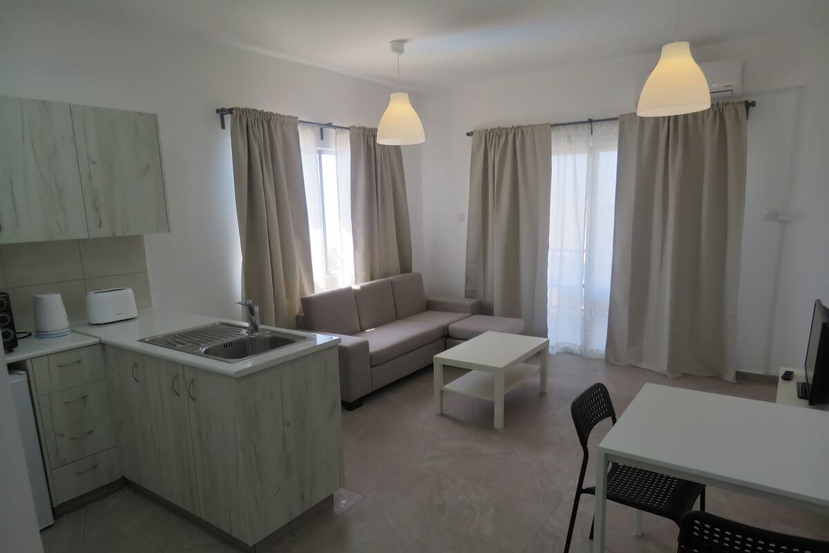 A modern apartment with a kitchen, dining area, and living room. It includes a kitchenette, a dining table with chairs, a sofa, and two pendant lights.