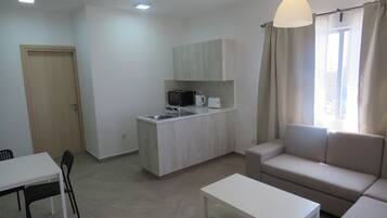 Een ruimtelijk ingerichte leefruimte met kitchenette, een eethoek met tafel en stoelen, een bank en een bijzettafeltje.