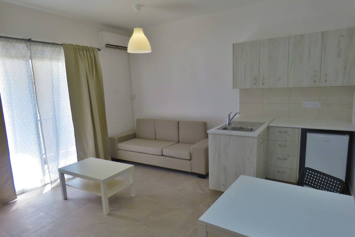 A compact living space with a kitchenette, a sofa, a dining table, and a window with curtains.