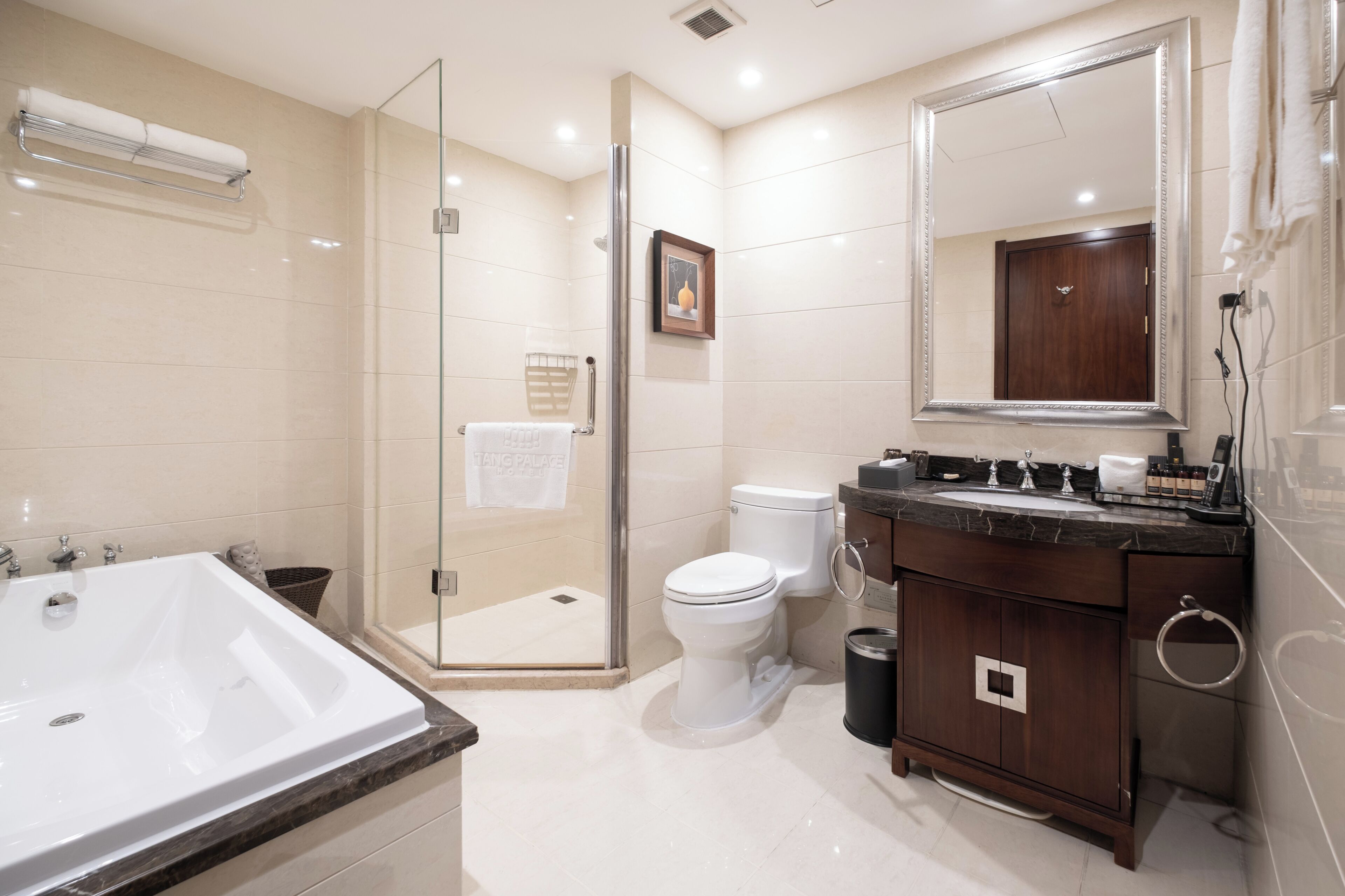 A bathroom with a glass-enclosed shower, a large bathtub, a toilet, and a vanity with a mirror.