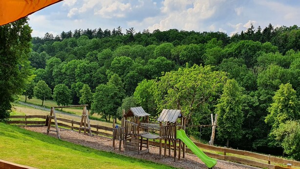 A playground with wooden structures and a green slide, surrounded by a grassy area and dense trees. - Gasthaus Brauner Hirsch (Hann. Muenden)