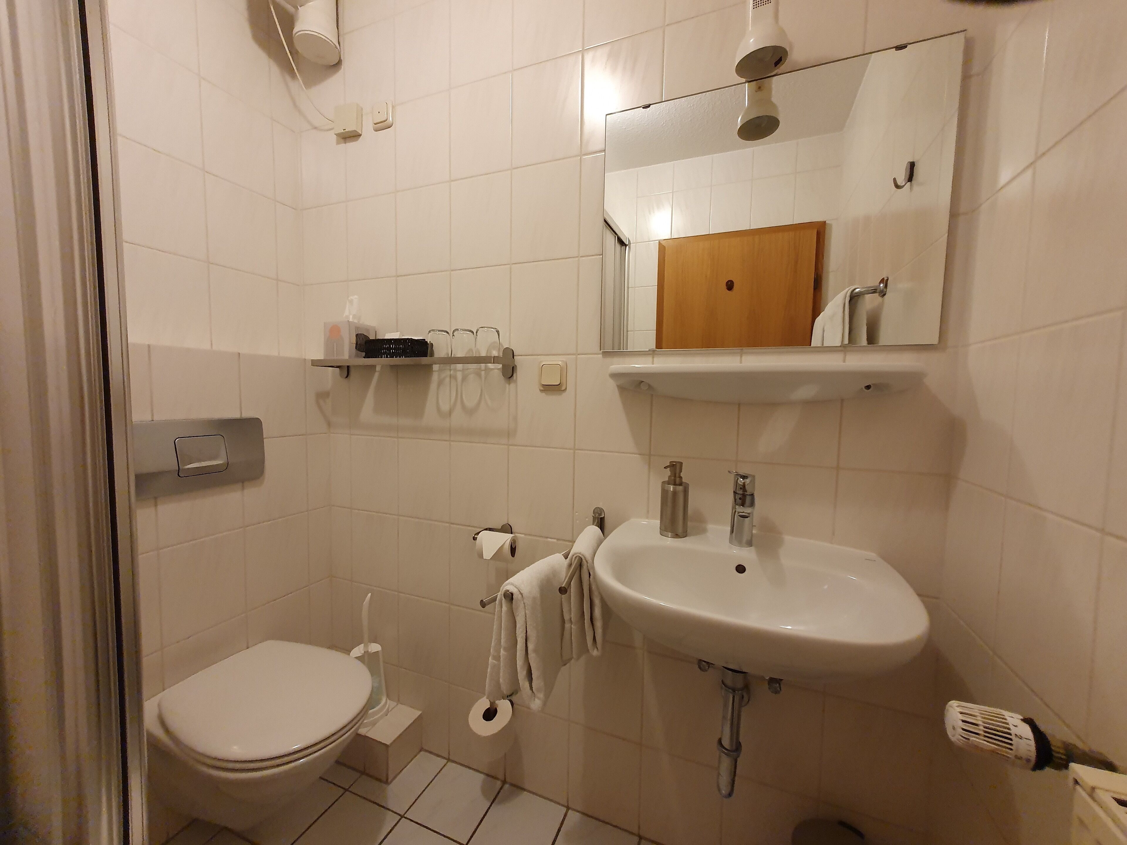 Ett litet, rent badrum med toalett, handfat och spegel. Ovanför handfatet finns en hylla med toalettartiklar.