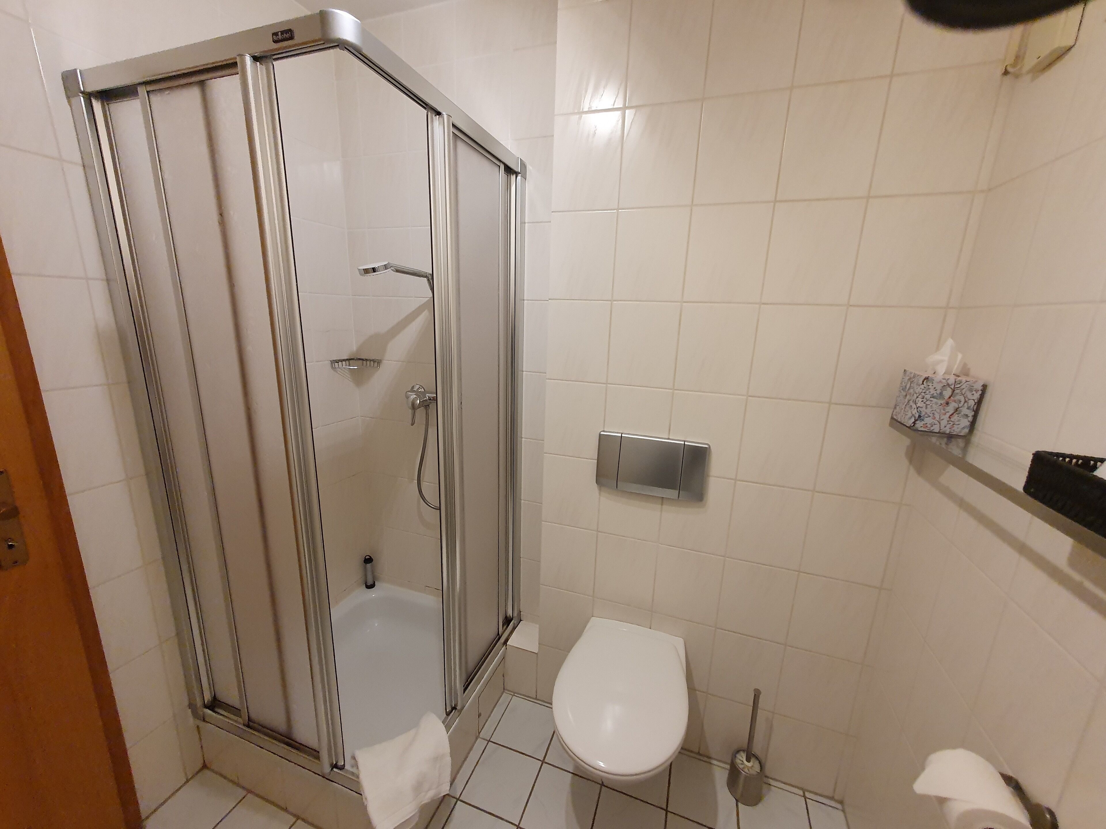 Een badkamer met een douche met glazen wand, een wit toilet en een handdroger.