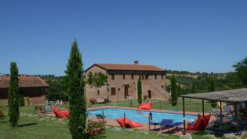 A pool area with lounge chairs, a brick building, and a clear sky.