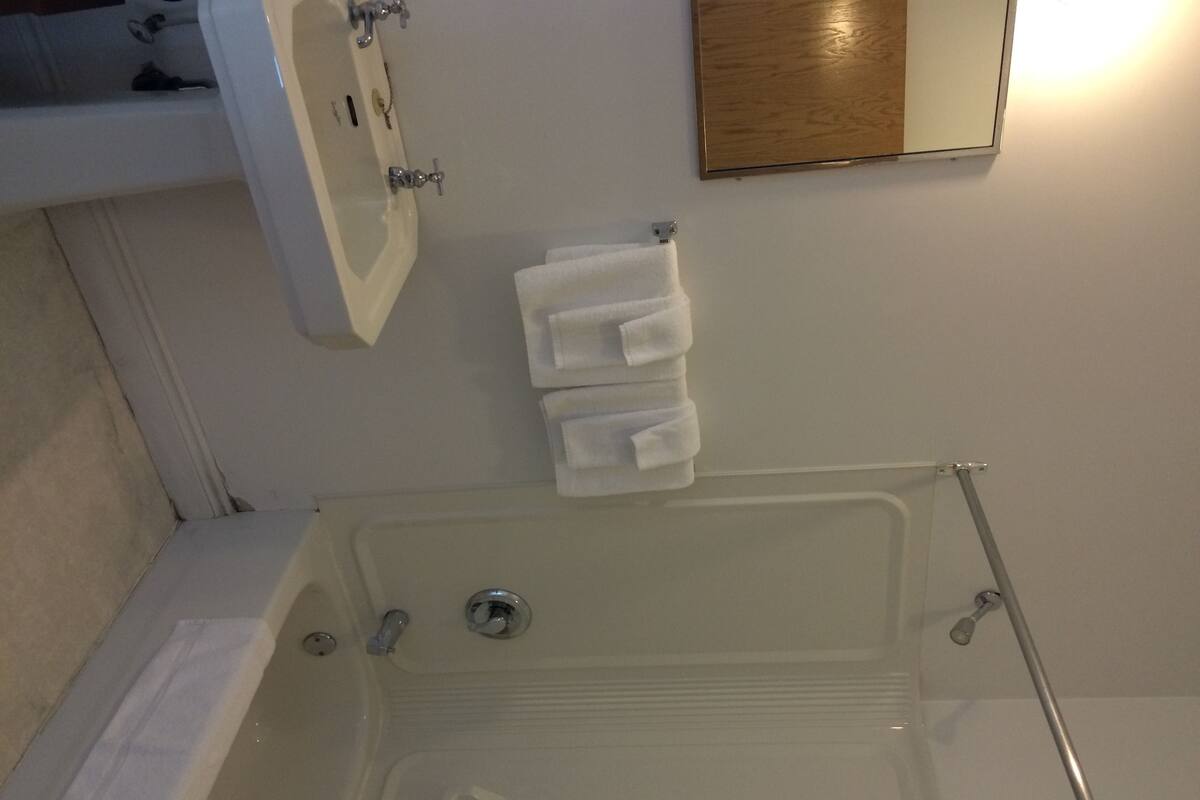 Combined shower/tub, free toiletries, hair dryer (on request), towels