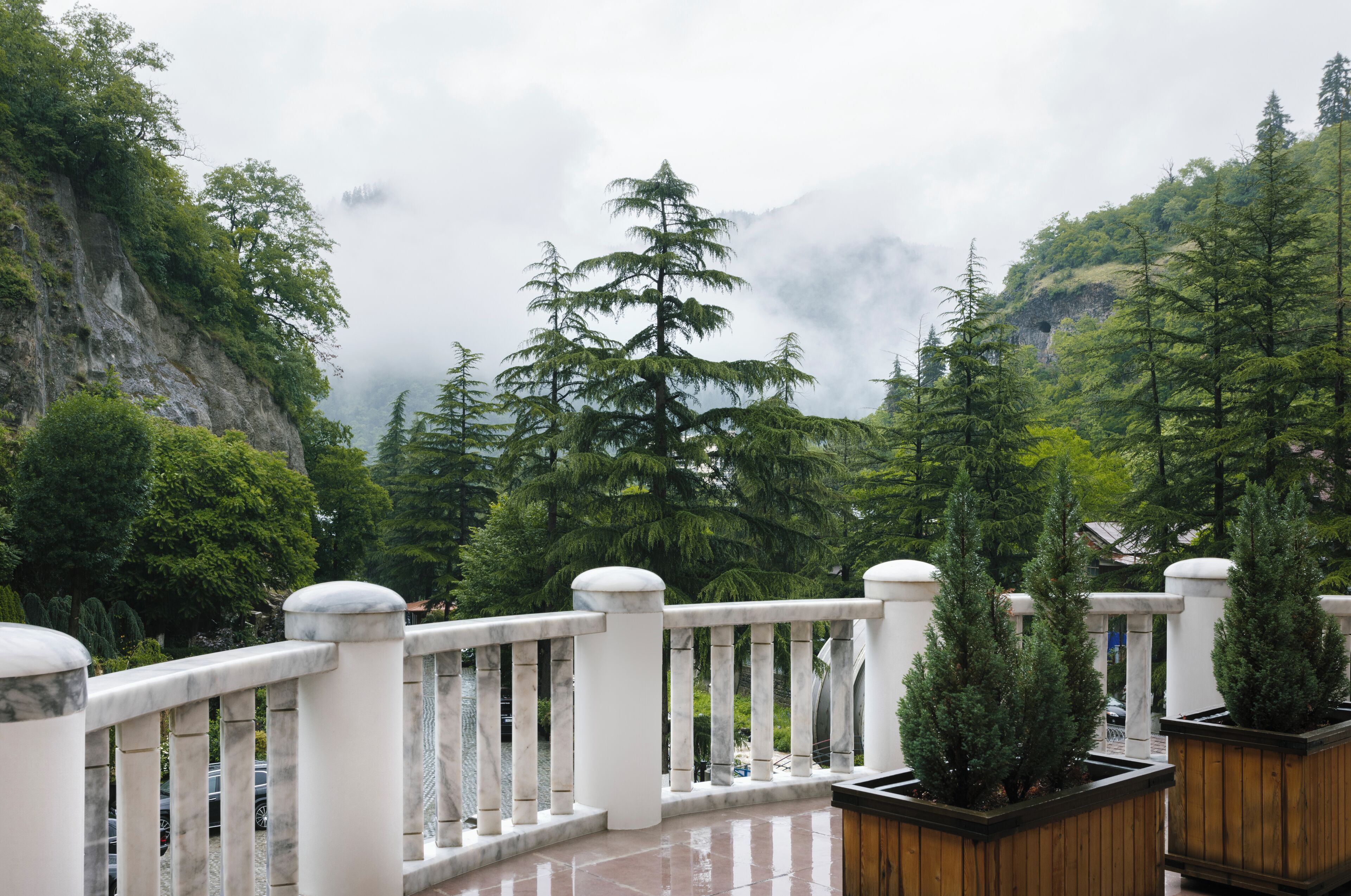 A balcony with a white balustrade, potted evergreen trees, and a view of a mountainous landscape with dense forest and mist.