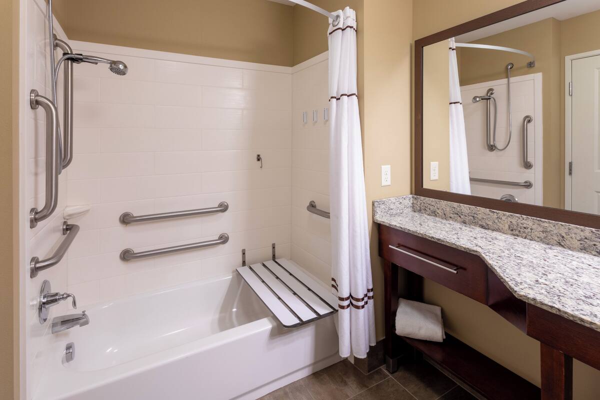 combined shower/bathtub, free toiletries, hair dryer, towels