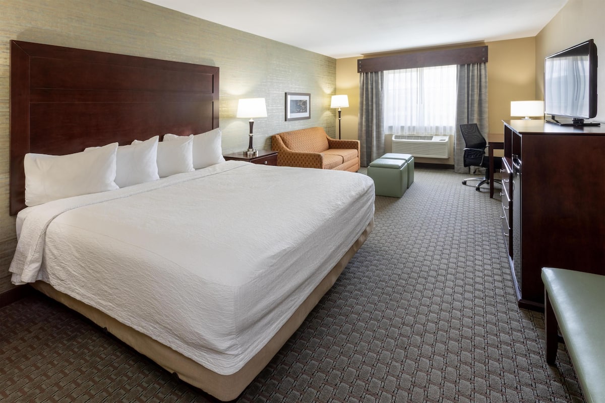A hotel room with a large bed, a sofa, a desk with a television, and a chair.