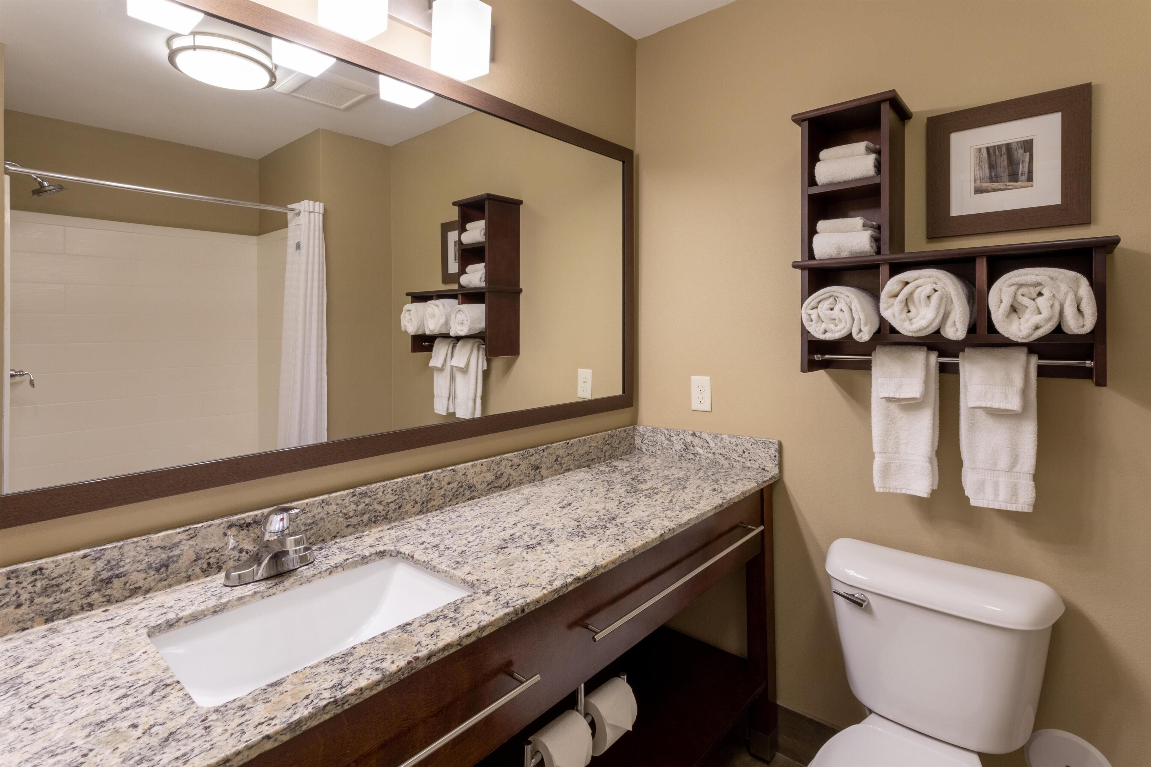 A bathroom with a granite countertop sink, a mirror, a toilet, and towel racks with towels.