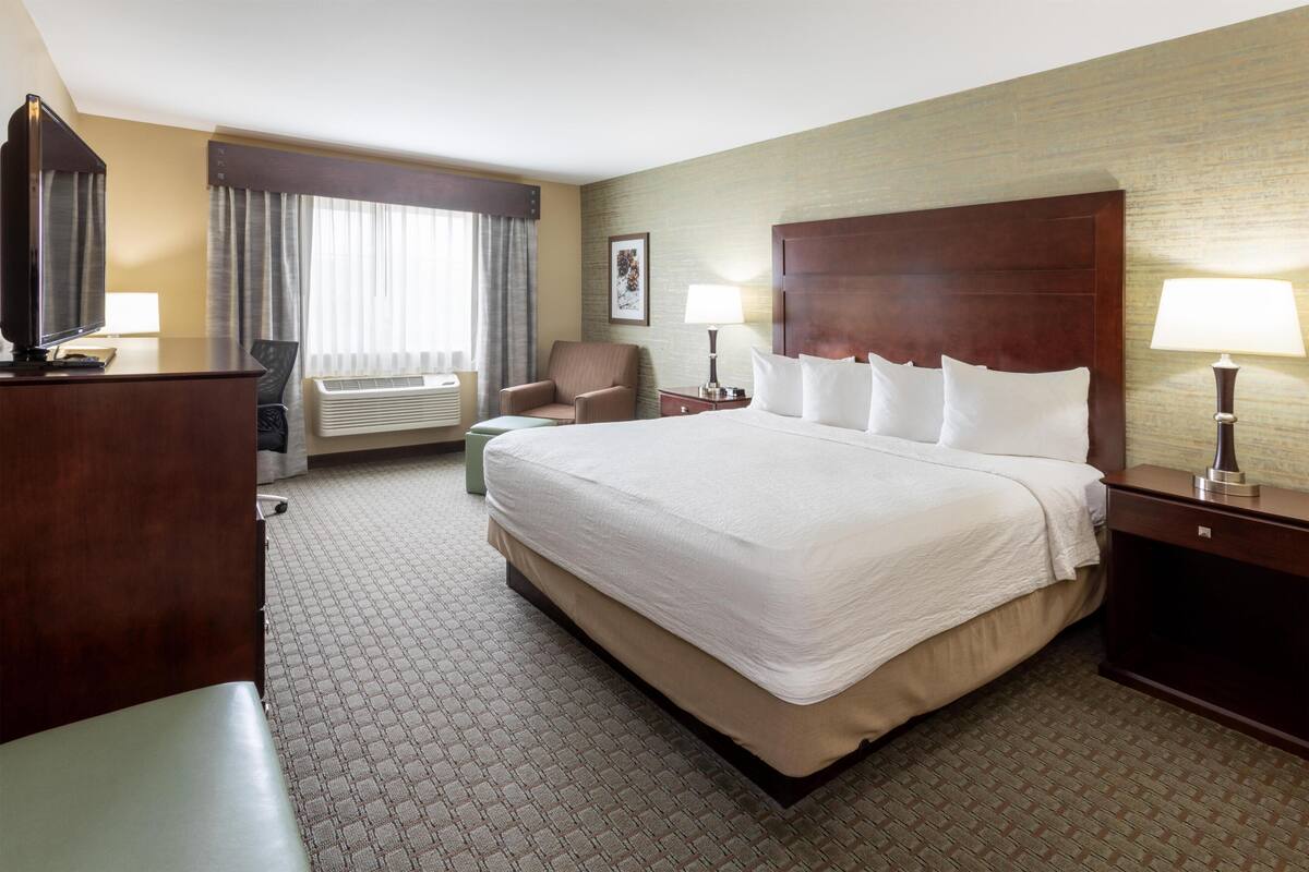 A hotel room with a large bed, a desk, a chair, a TV, and a window with curtains.