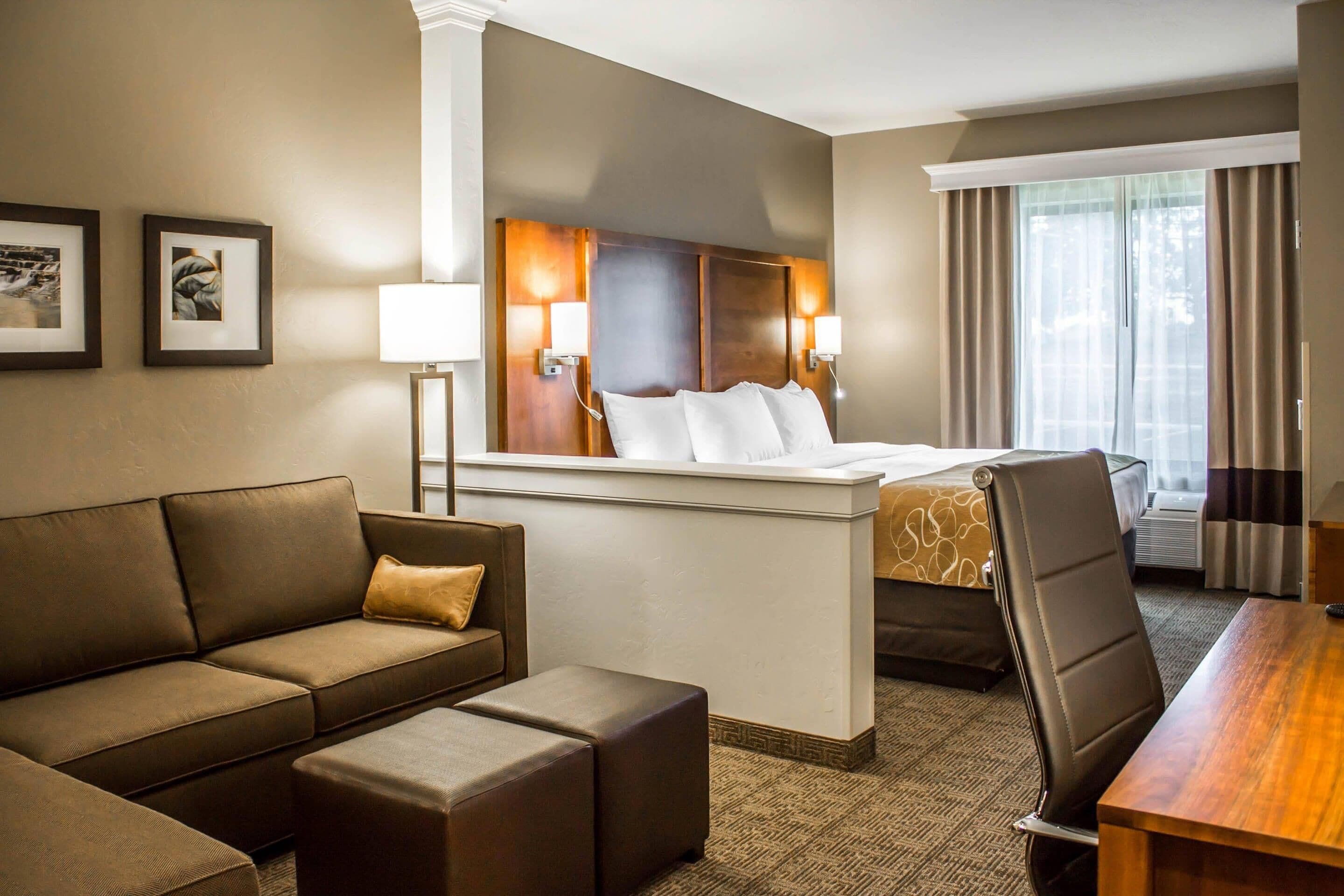 A hotel room with a bed, a sofa, a desk, and a chair.