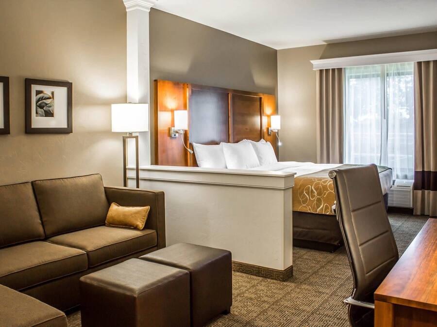 A hotel room with a bed, a sofa, a desk, and a chair.
