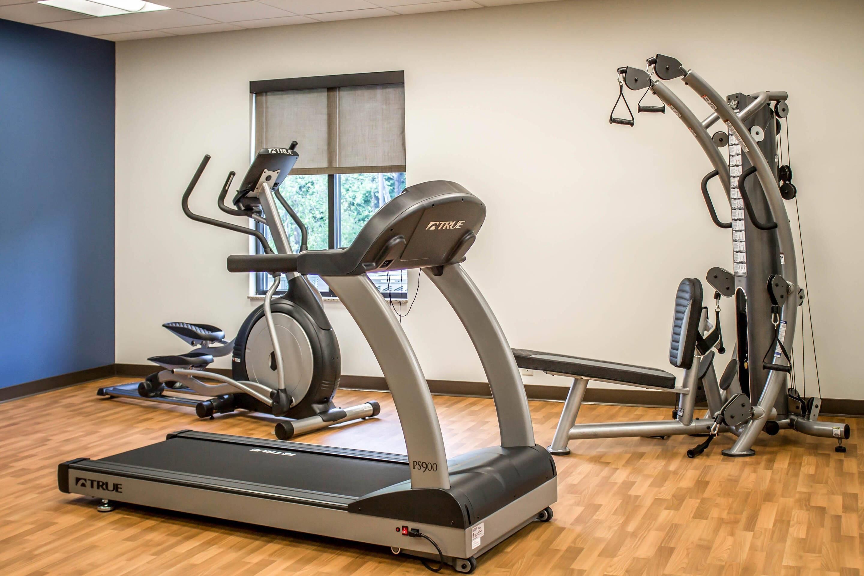 Una palestra con tapis roulant, ellittiche e macchinari per pesi.