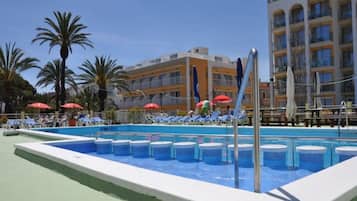 Outdoor pool, pool umbrellas, pool loungers
