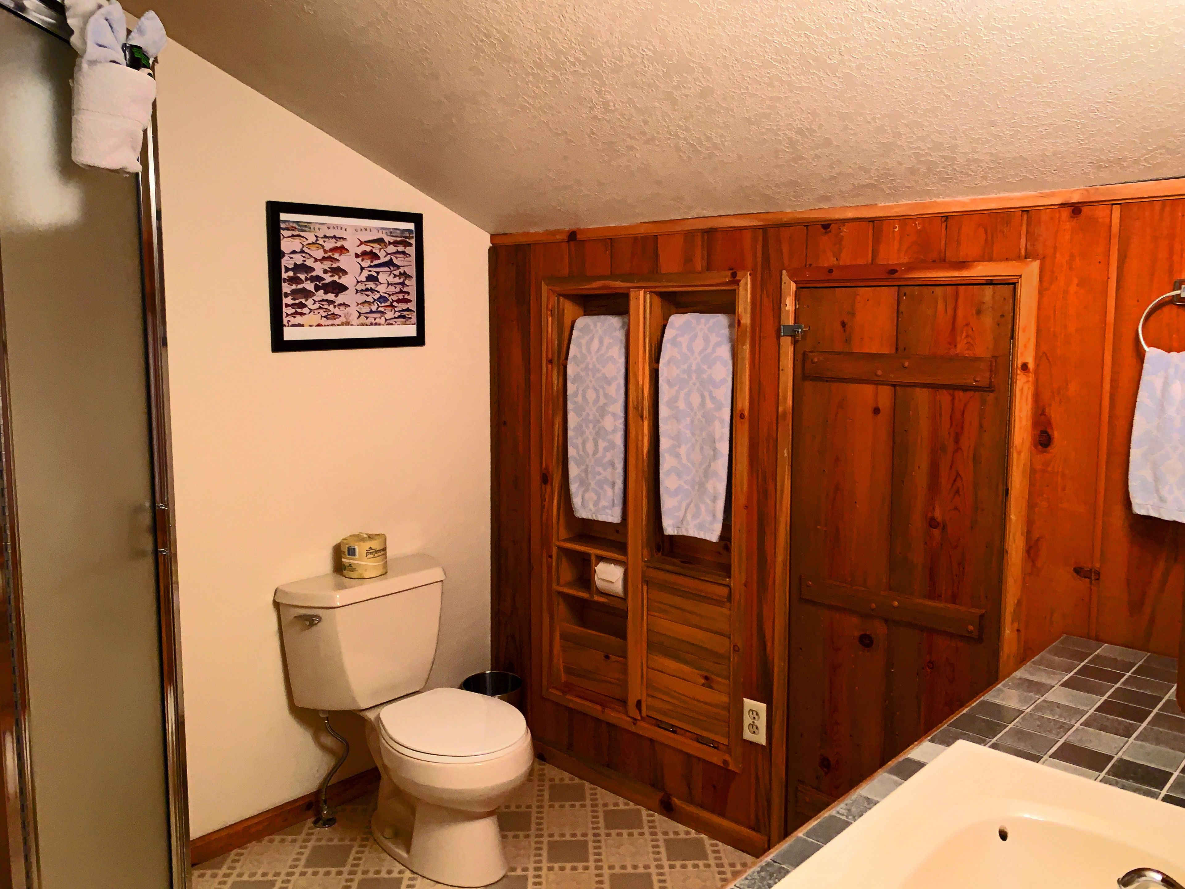 A bathroom with a toilet, a sink, and wooden walls.