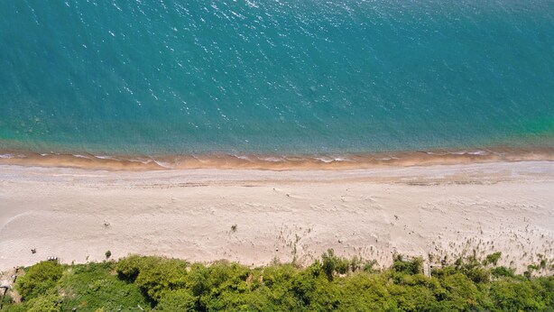 Una playa con agua turquesa cristalina, una orilla arenosa y vegetación verde exuberante en primer plano.