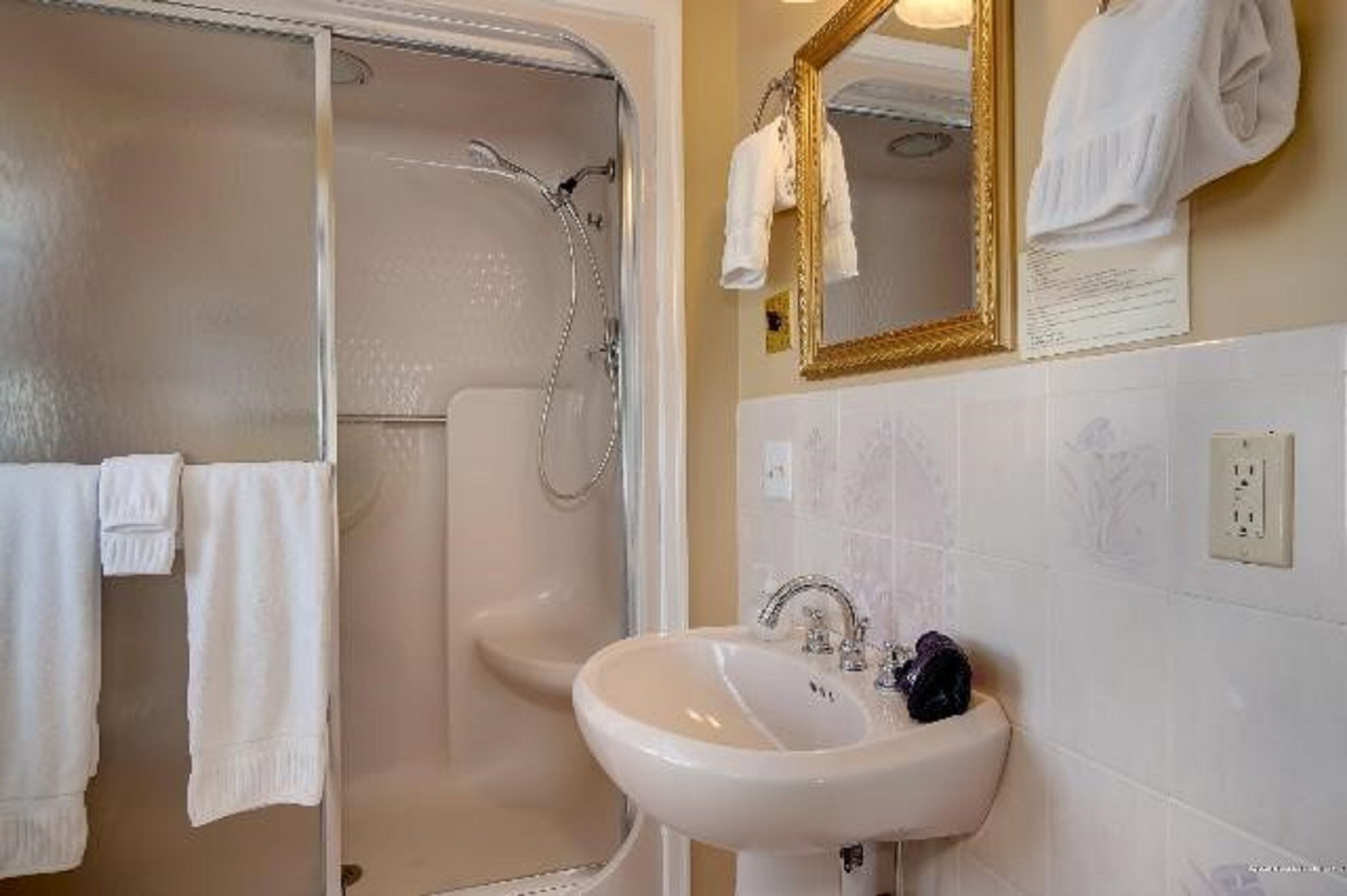 A bathroom with a shower, a sink, and a mirror.