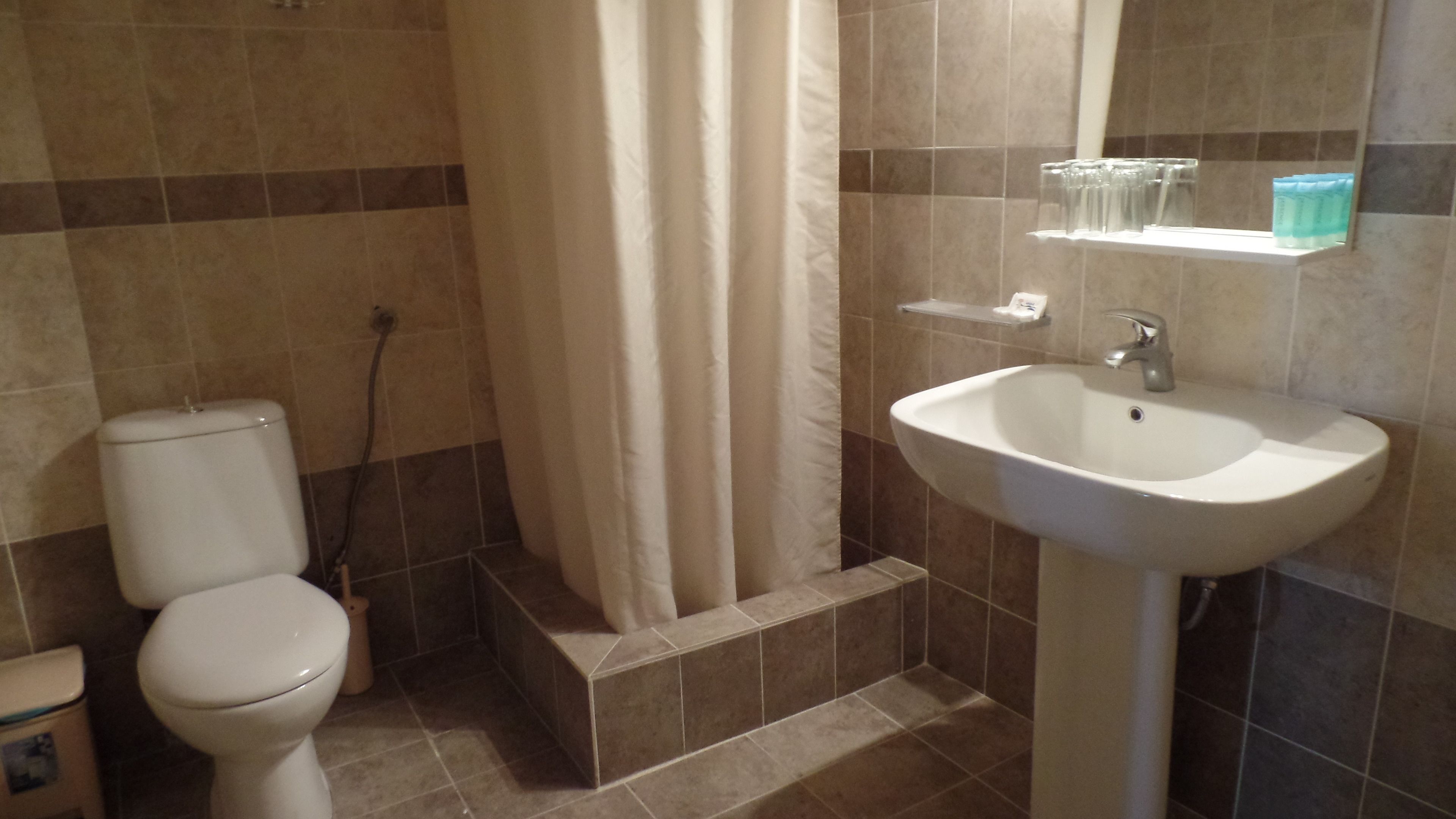 Un baño con inodoro, ducha y lavamanos.