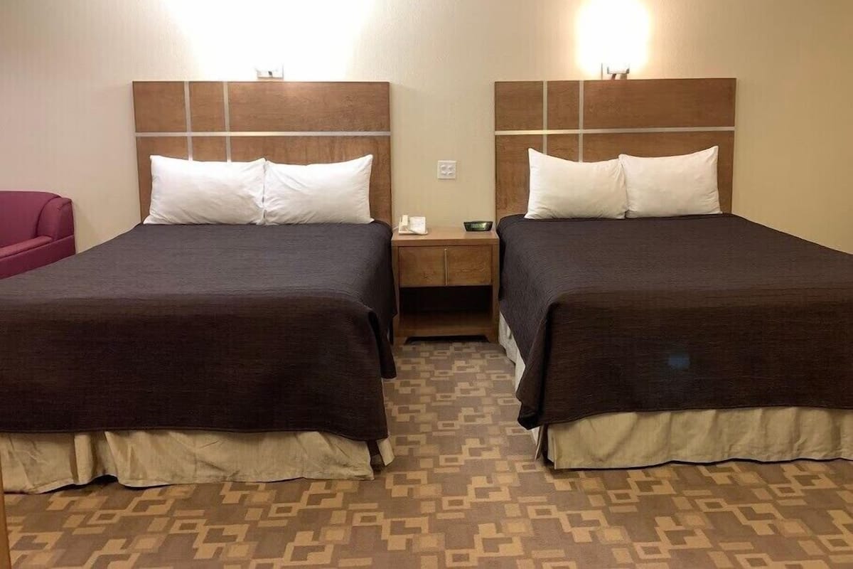 A hotel room with two beds, each with a wooden headboard, white pillows, and a dark brown bedspread. There is a small wooden nightstand between the beds with a lamp and a phone. The room has a patterned carpet and a red chair in the corner.