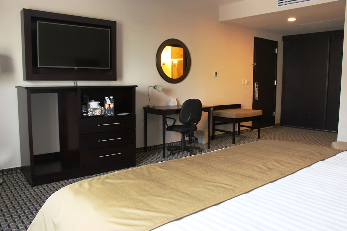 A hotel room with a bed, a desk with a chair, a television, a mirror, and a wardrobe.
