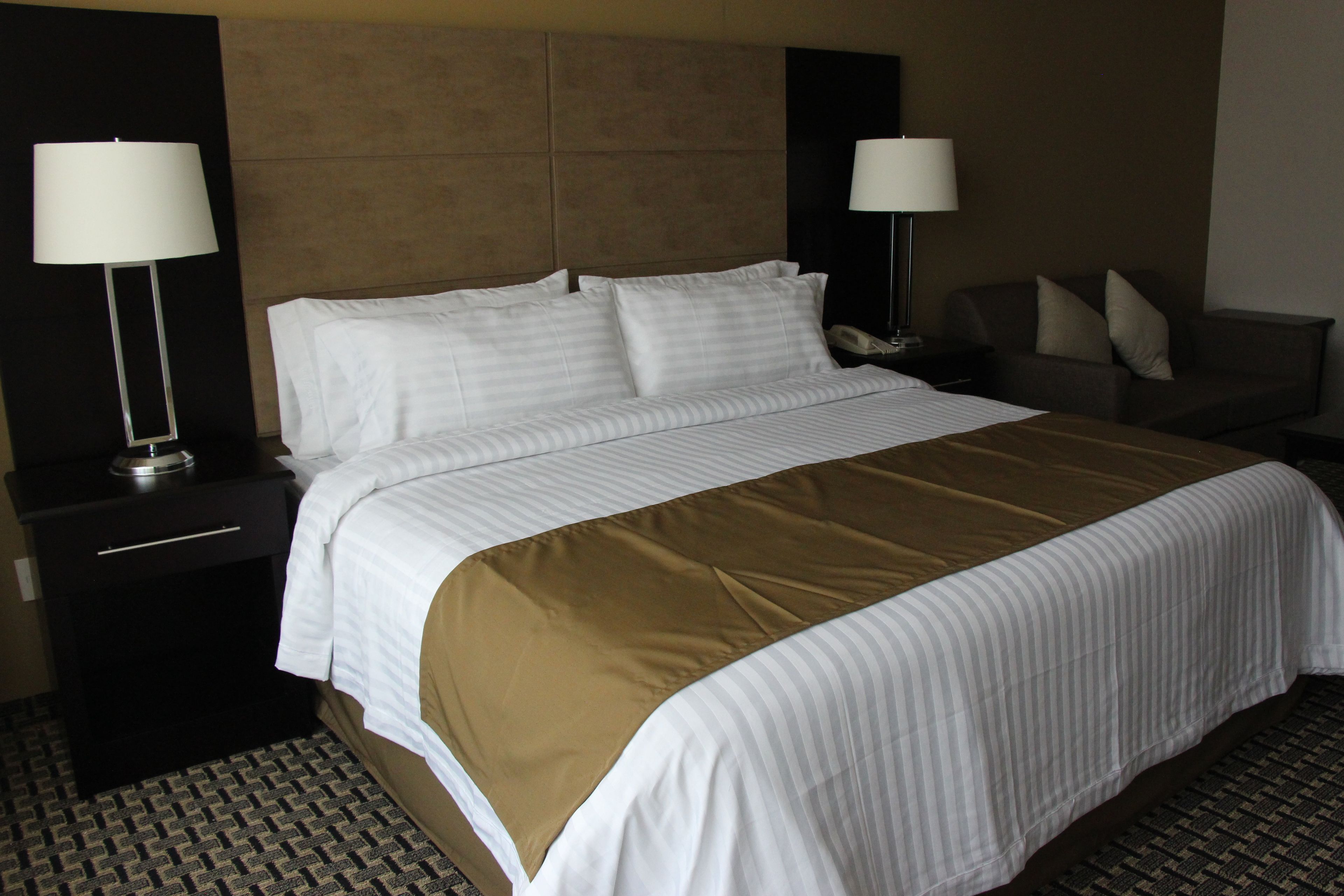 Habitación de hotel con una cama grande, dos mesitas de noche, una silla y una lámpara a cada lado de la cama.