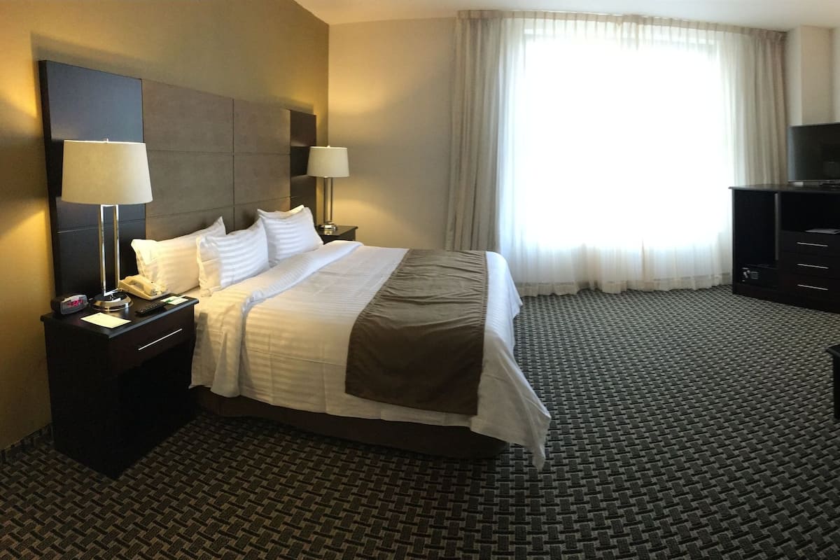 A hotel room with a bed, a desk, a chair, a sofa, a TV, and a mirror.