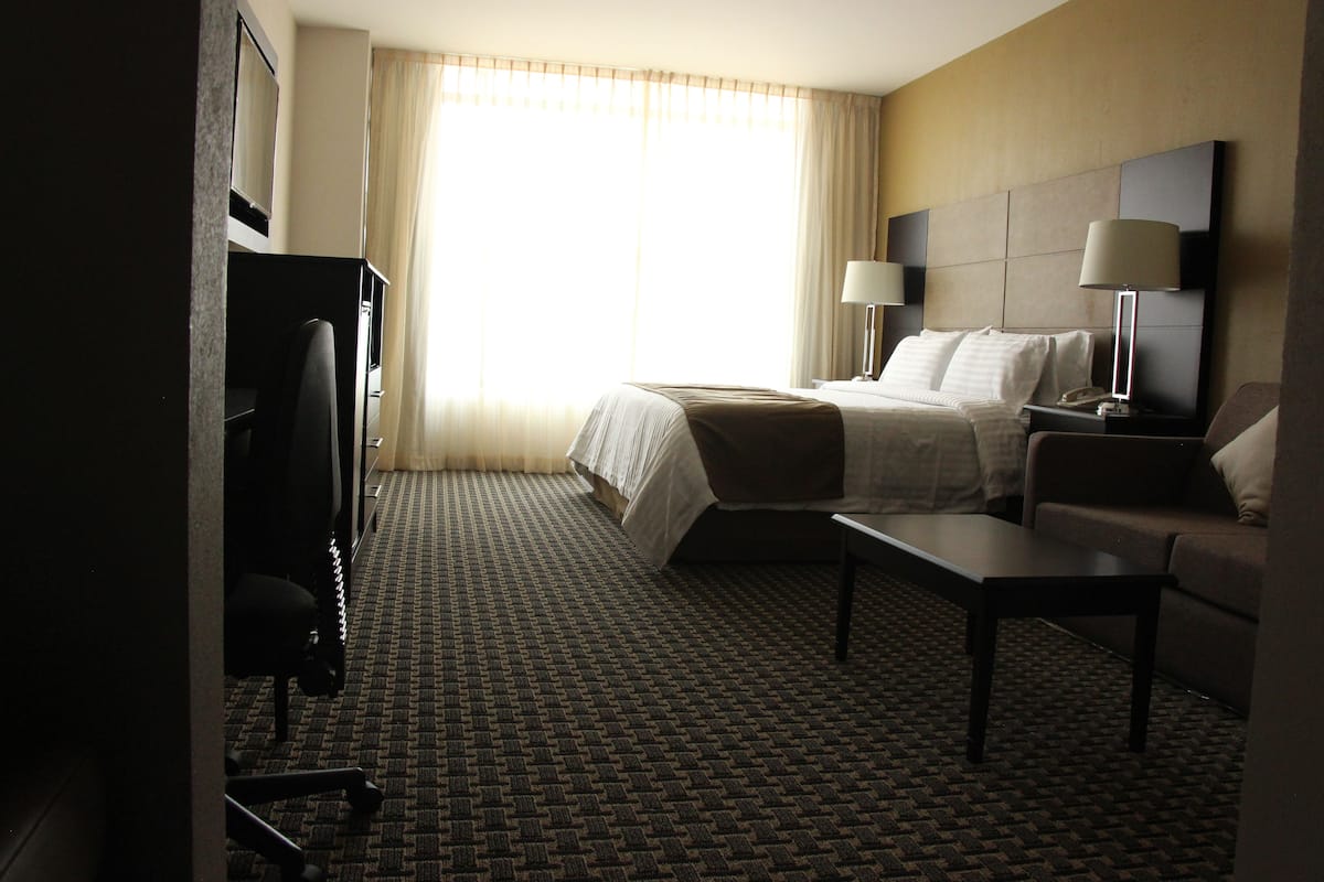 A hotel room with a bed, a desk, a chair, a TV, and a window with curtains.