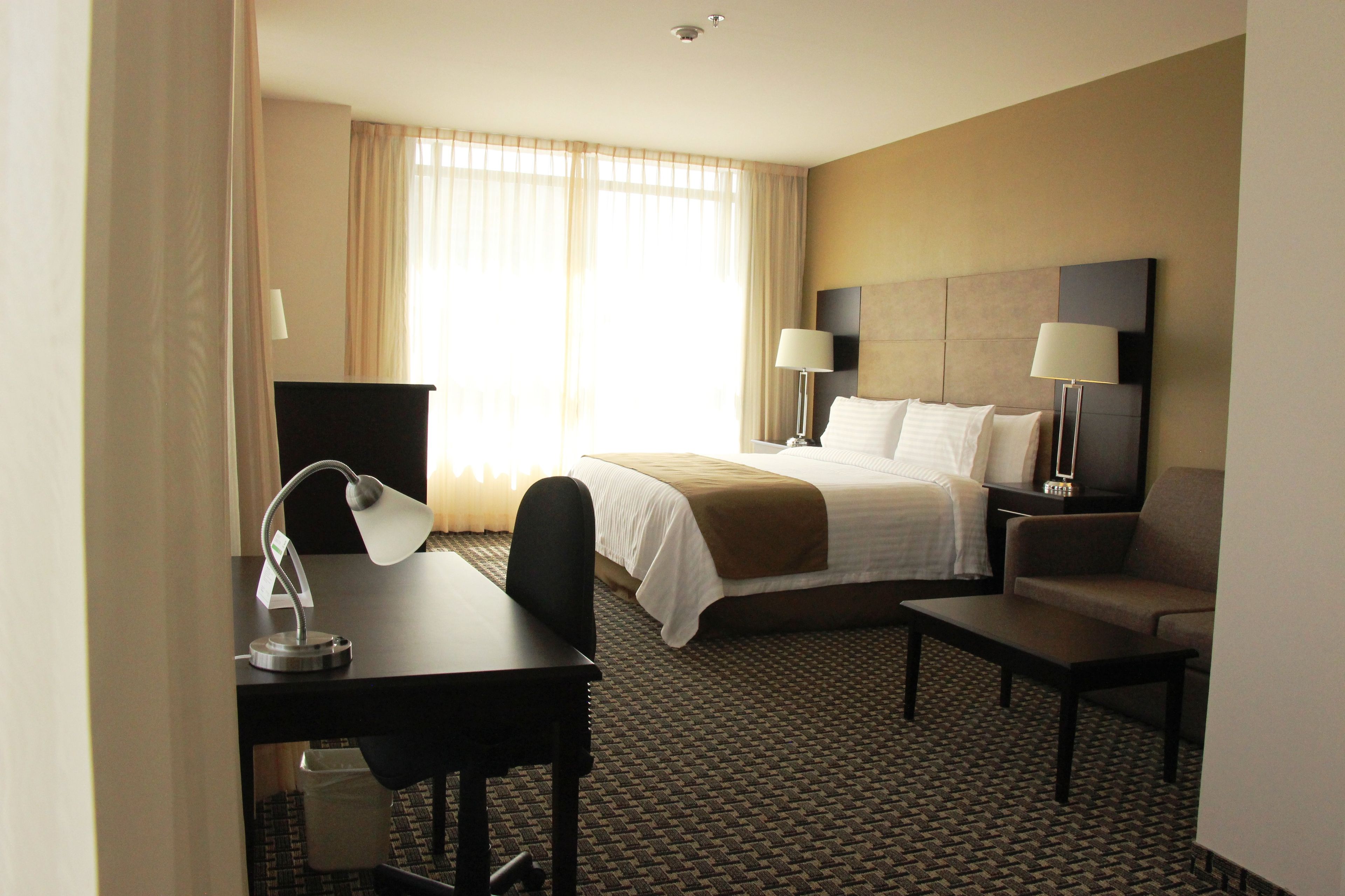 Une chambre d’hôtel avec un lit, un bureau avec une lampe, une chaise, un téléviseur et une fenêtre avec des rideaux.