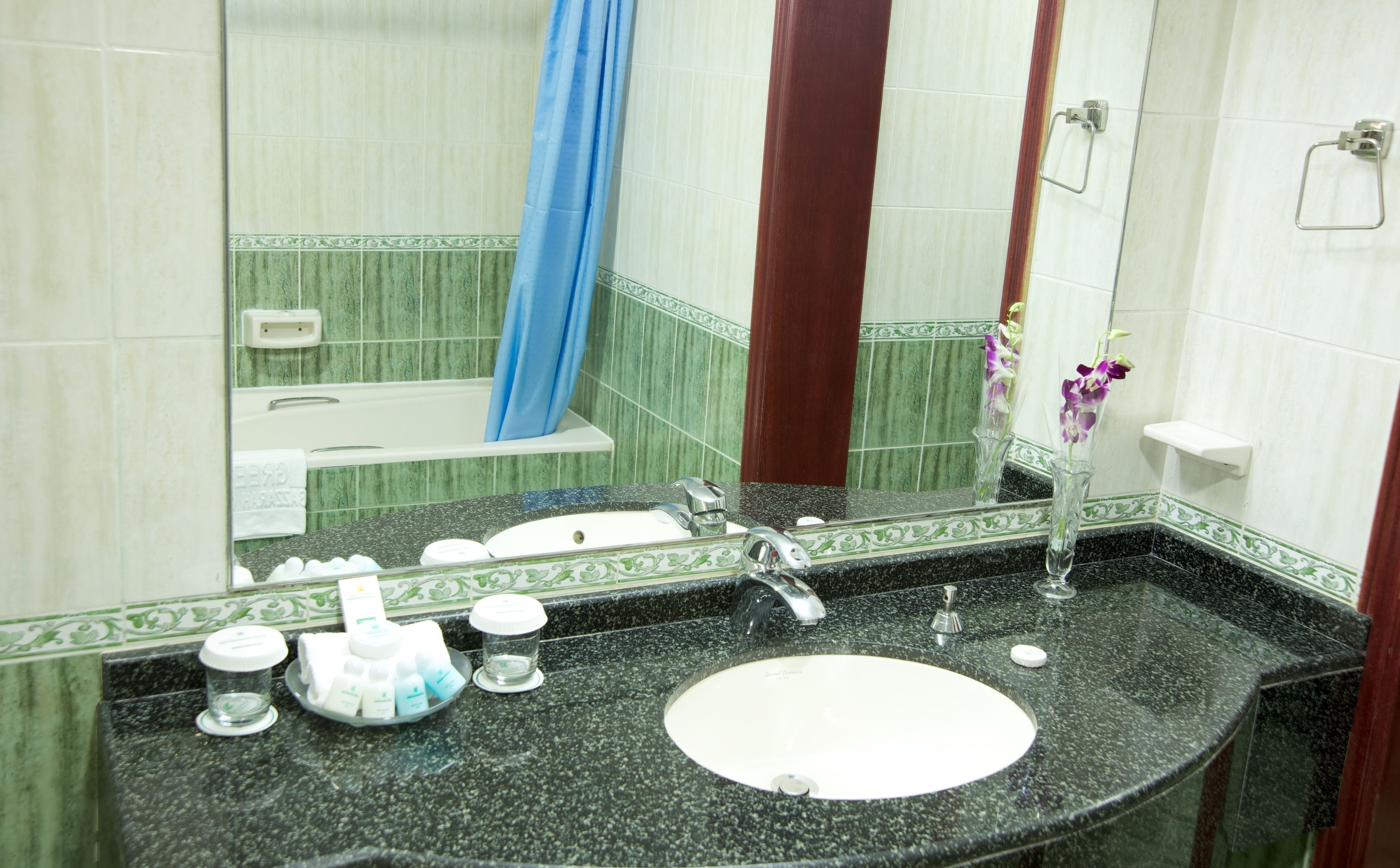 Une salle de bain avec un comptoir en granit, un lavabo blanc et un miroir. On y trouve des articles de toilette sur le comptoir et un rideau de douche bleu.