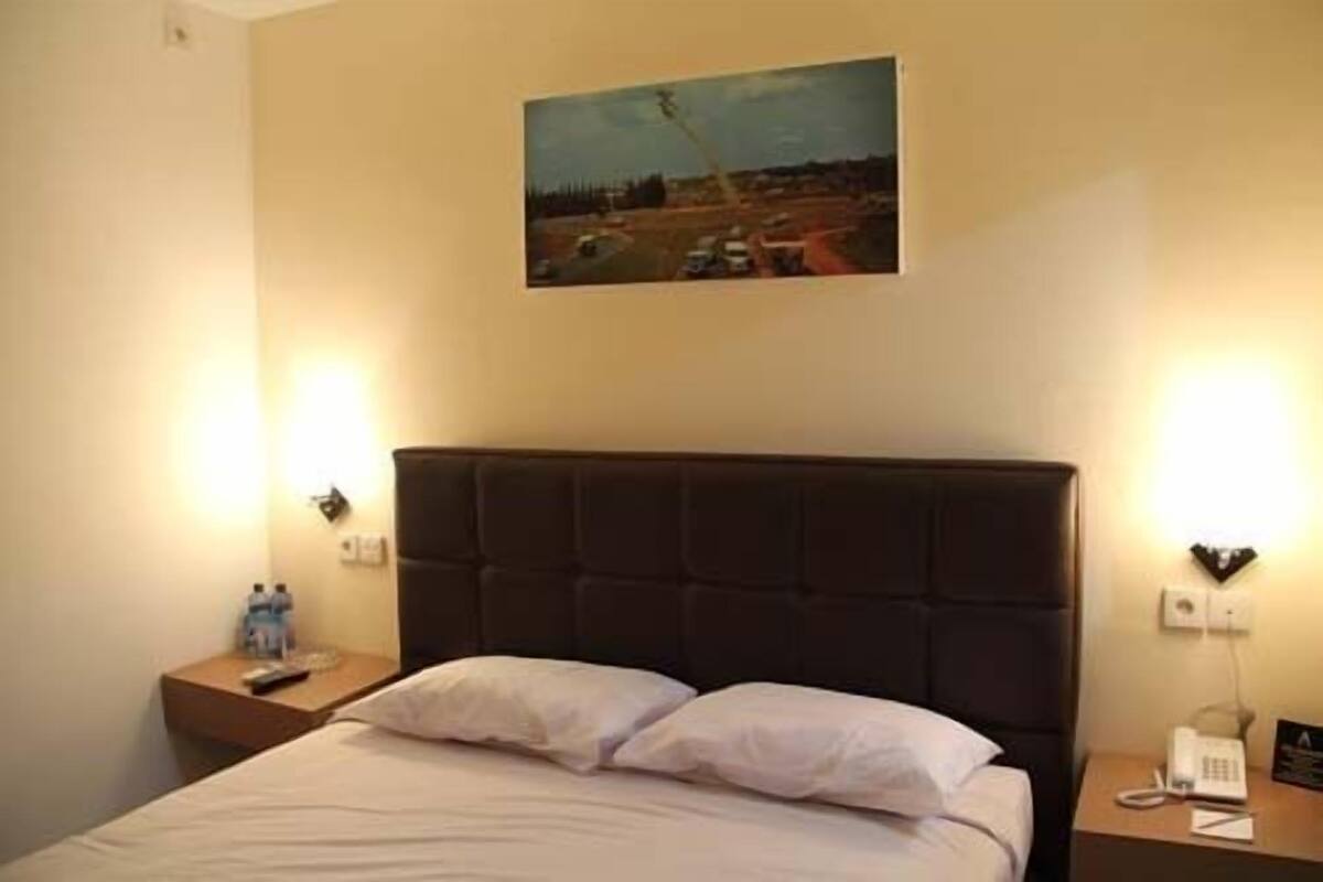 A hotel room with a large bed, two bedside tables, a painting on the wall, and a telephone on the nightstand.