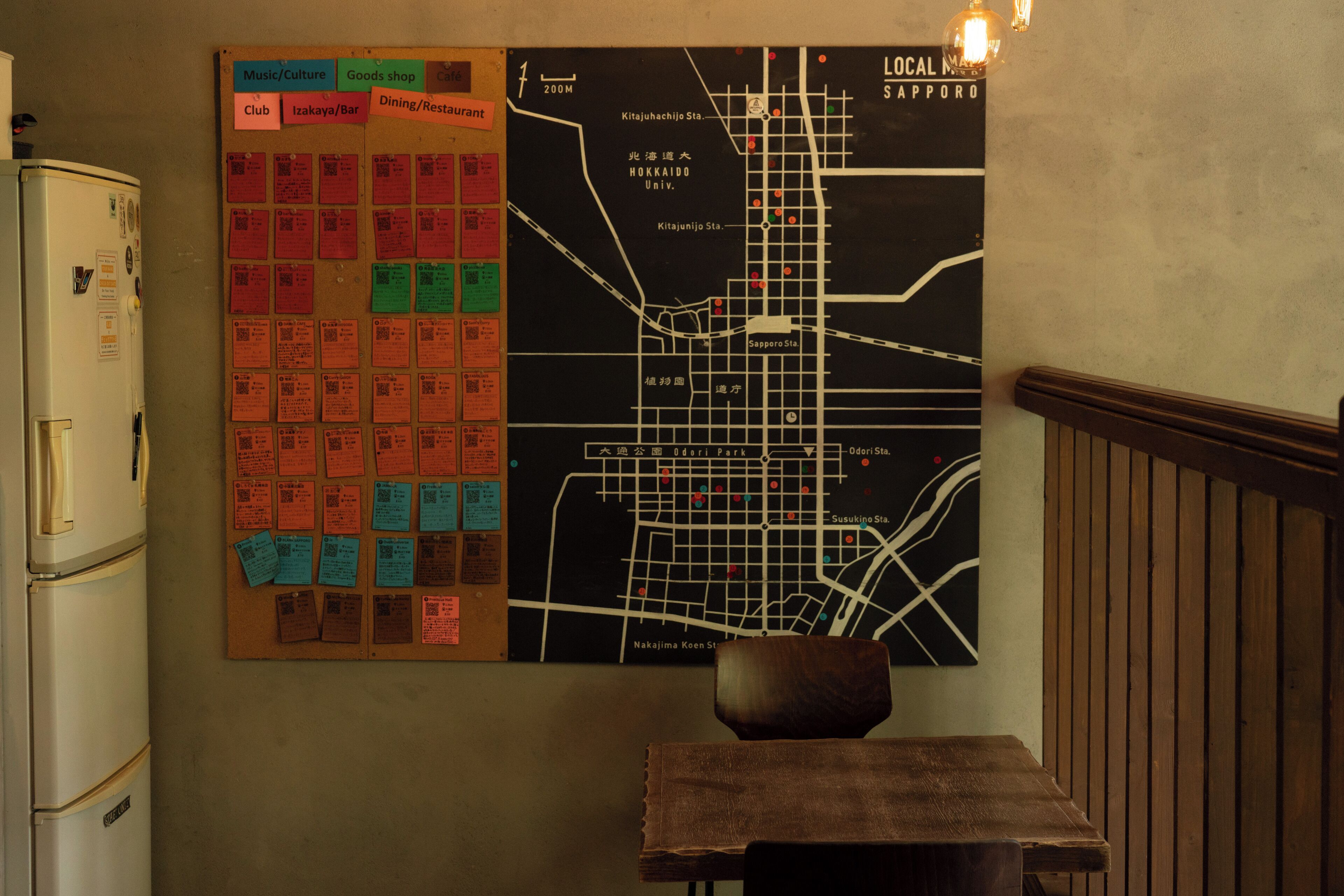 A bulletin board with various notices and a map of Sapporo.