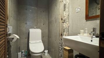 Un baño pequeño y estrecho con inodoro, lavamanos y zona de ducha.