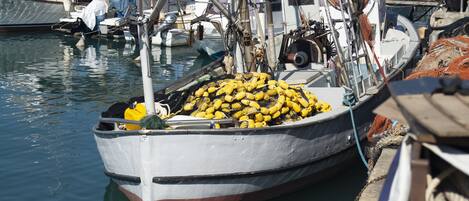 A boat docked at a marina with fishing nets and equipment.