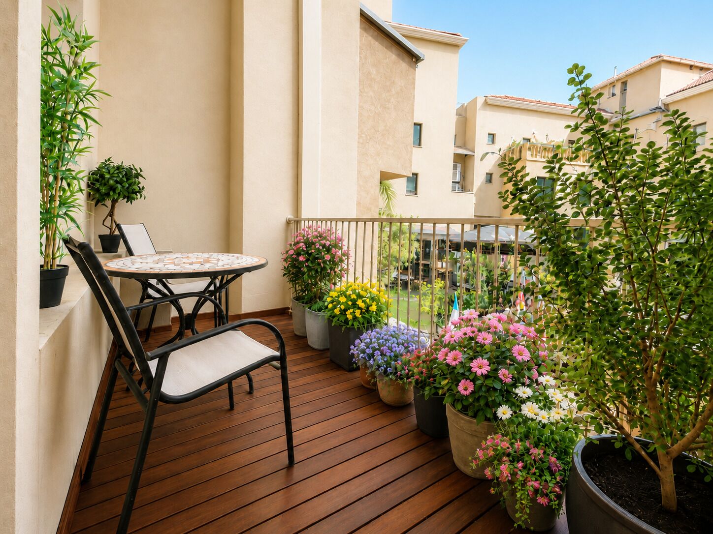 A balcony with a wooden floor, a round table with chairs, and various potted plants and flowers.