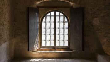 A room with a single arched window, stone walls, and a wooden floor.