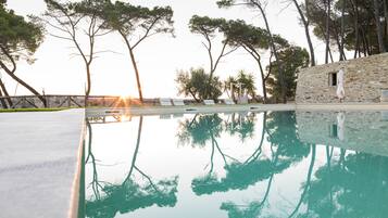 Seasonal outdoor pool, pool umbrellas, sun loungers