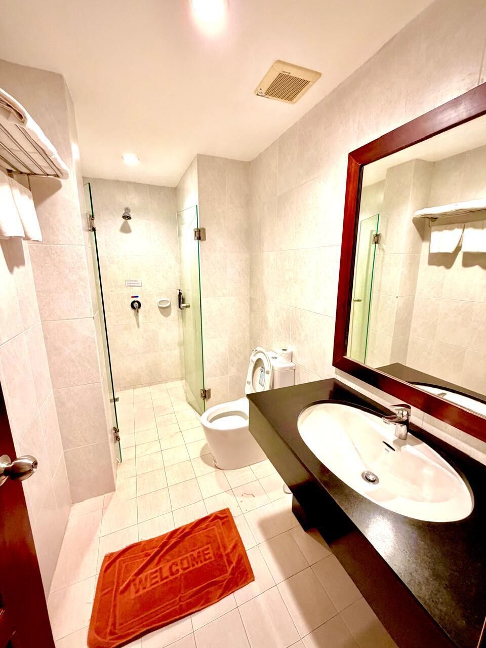 A modern bathroom with a glass shower enclosure, a white toilet, a sink with a large mirror, and a welcome mat.