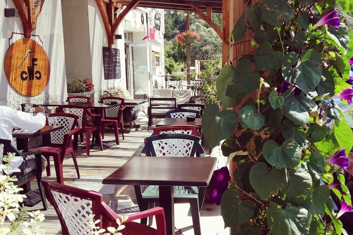 An outdoor café with wooden tables and chairs, a pergola overhead, and a wall with a circular sign.