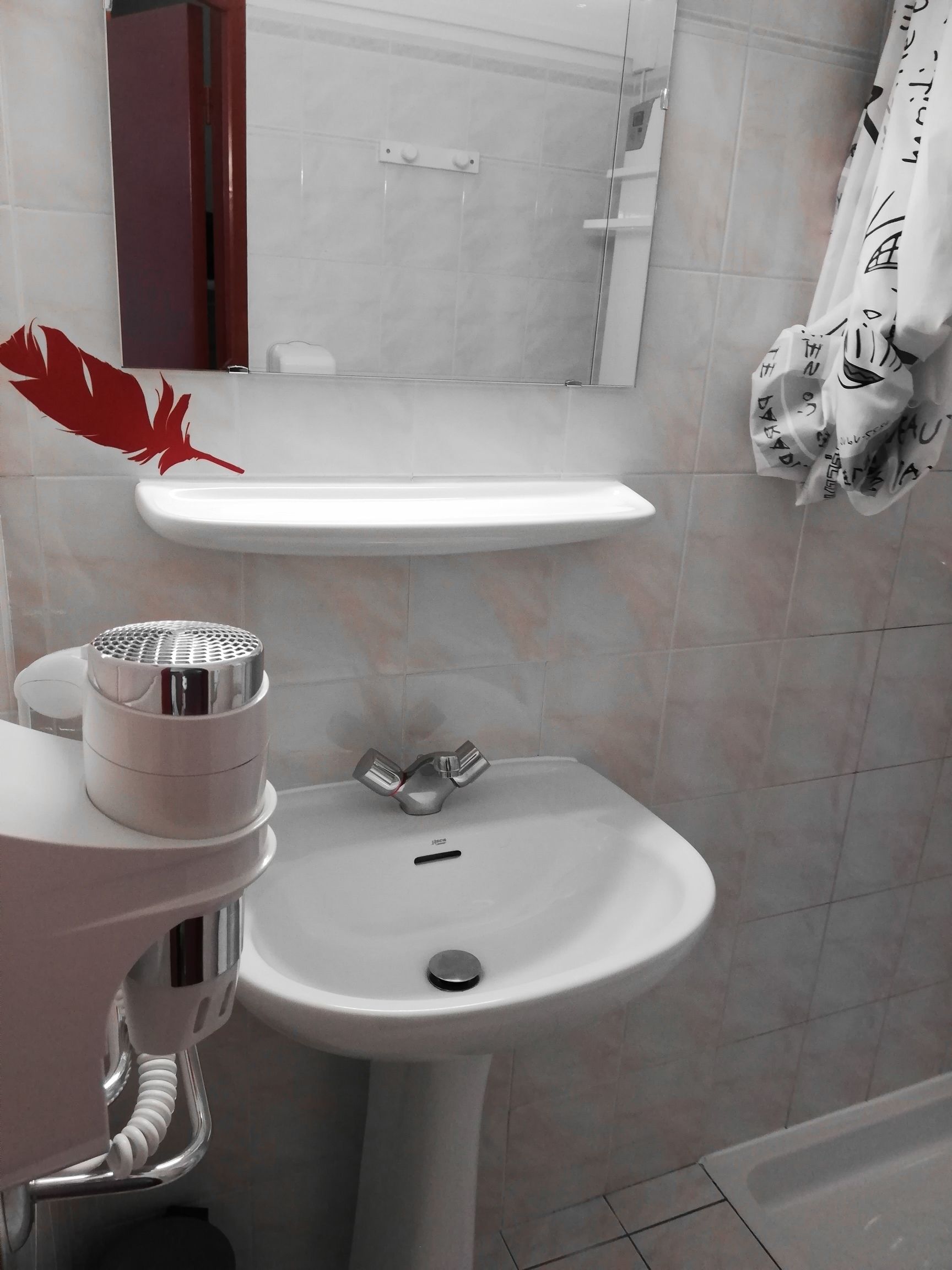Une salle de bain avec un lavabo blanc, un miroir au-dessus, et un espace douche séparé par un rideau.