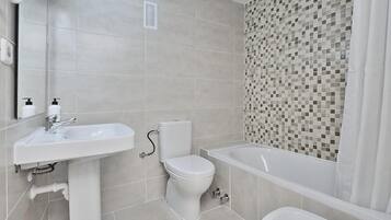 Combined shower/tub, hair dryer, bidet, towels