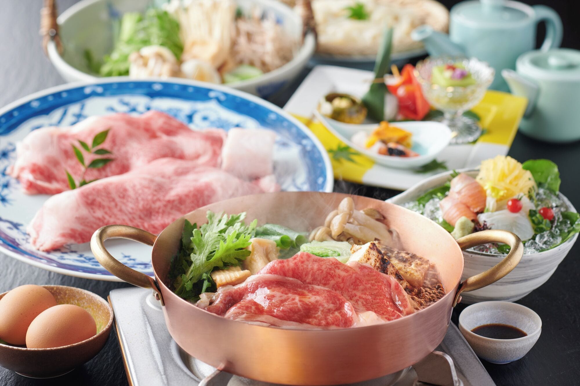 Japanese Style Room with Outdoor Bath,Ohmi Beef Sukiyaki  | Ryokan dining