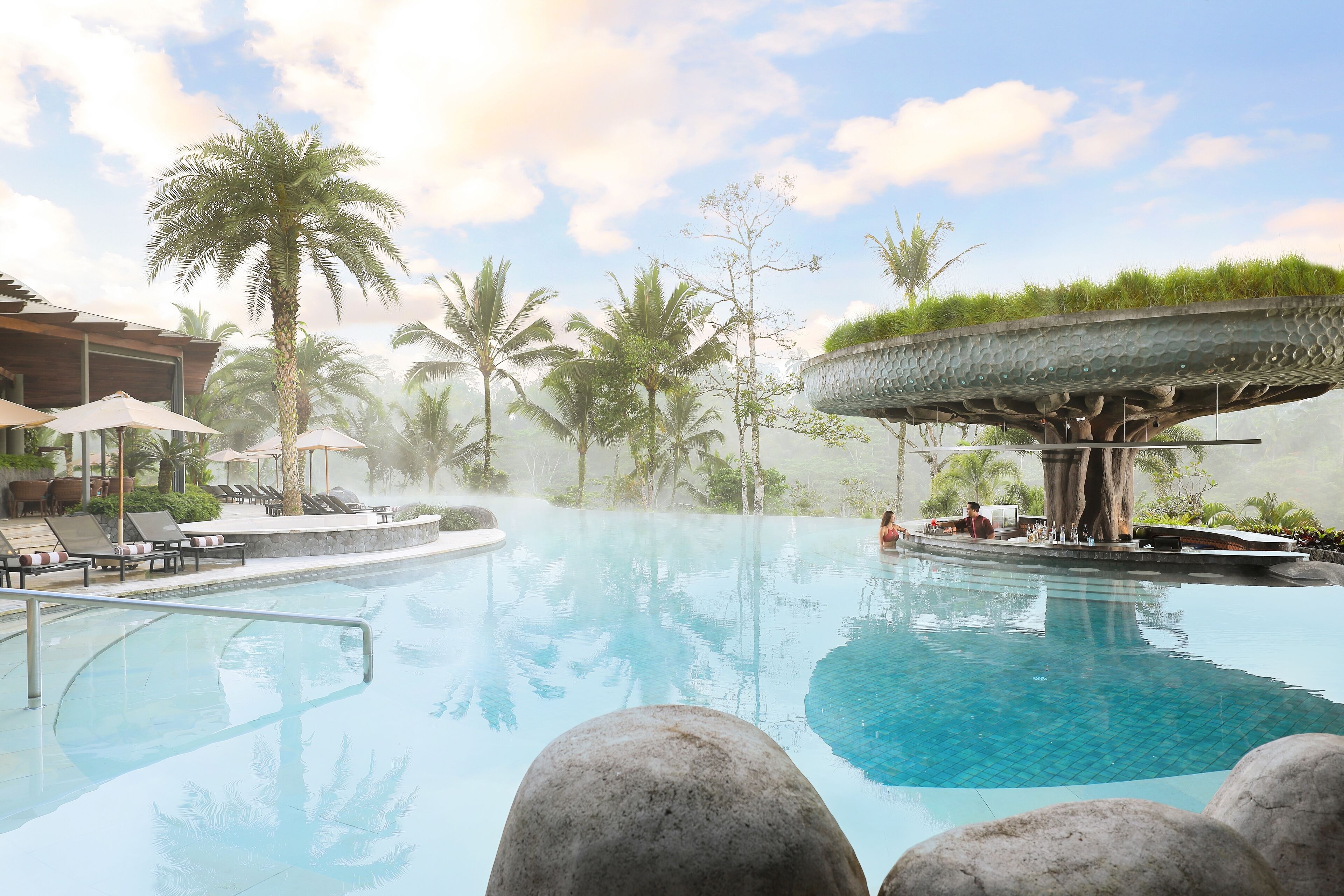 Une piscine entourée de chaises longues et de parasols, bordée de palmiers et d’une structure en pierre surmontée d’une pelouse.