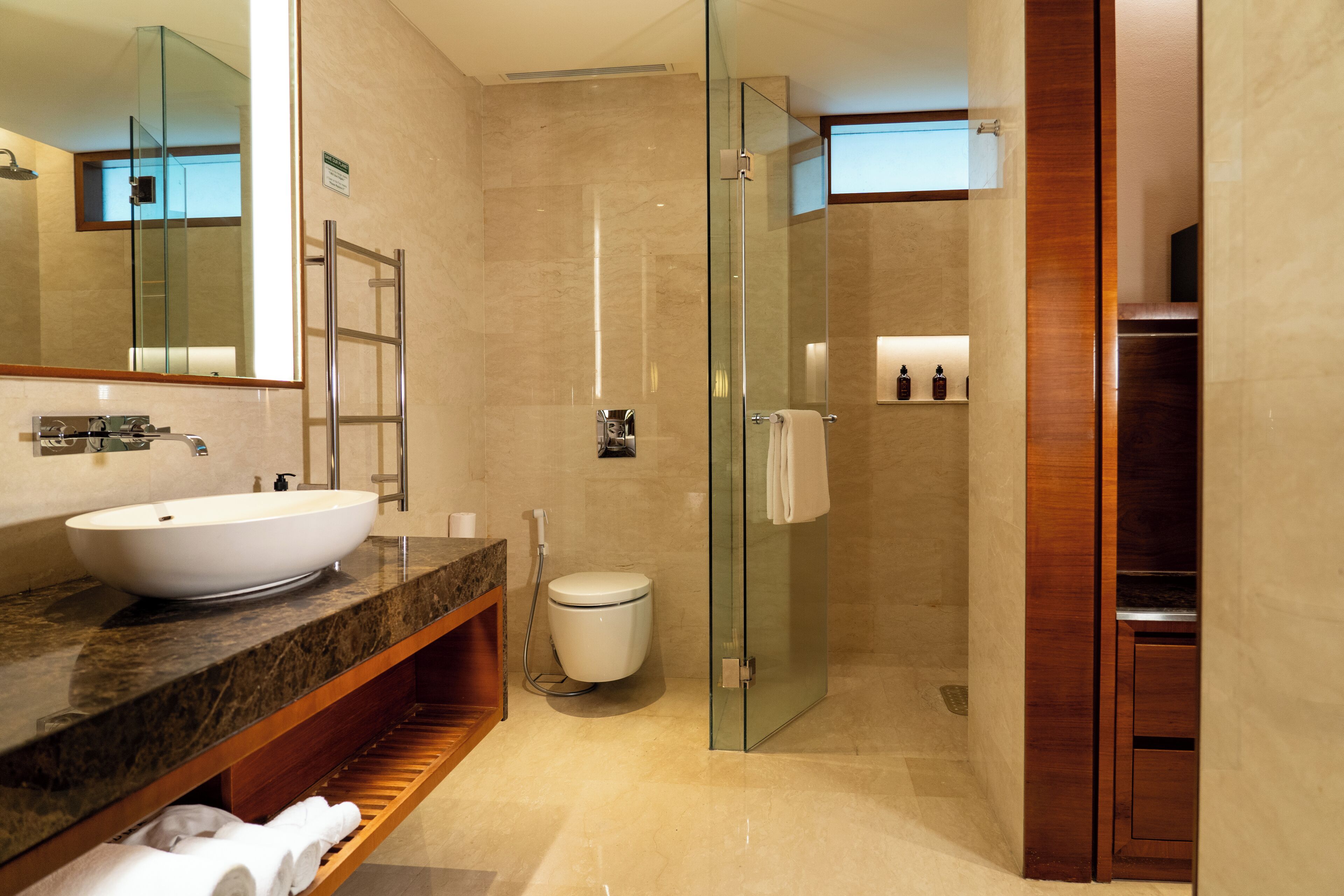 A modern bathroom with a large sink, glass shower enclosure, and wooden shelving.