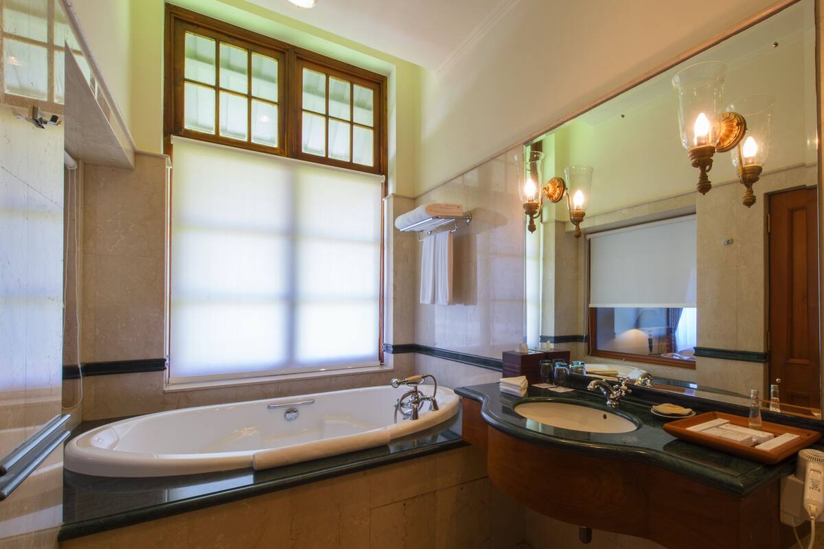 combined shower/bathtub, free toiletries, hair dryer, bathrobes